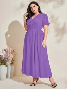 Modelyn Plus 1pc Puff Sleeve Surplice Neck Dress Long Evening Dresses - Mauve Purple - View 6