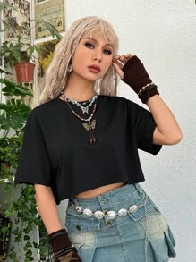 ROMWE PUNK Butterfly Mesh Insert Drop Shoulder Tee, School