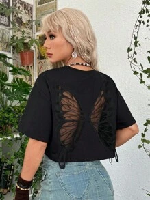 ROMWE PUNK Butterfly Mesh Insert Drop Shoulder Tee, School