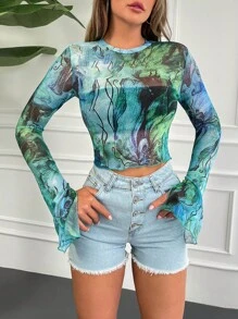 EURMUSE Graphic Print Split Cuff Crop Top - Multicolor - View 1