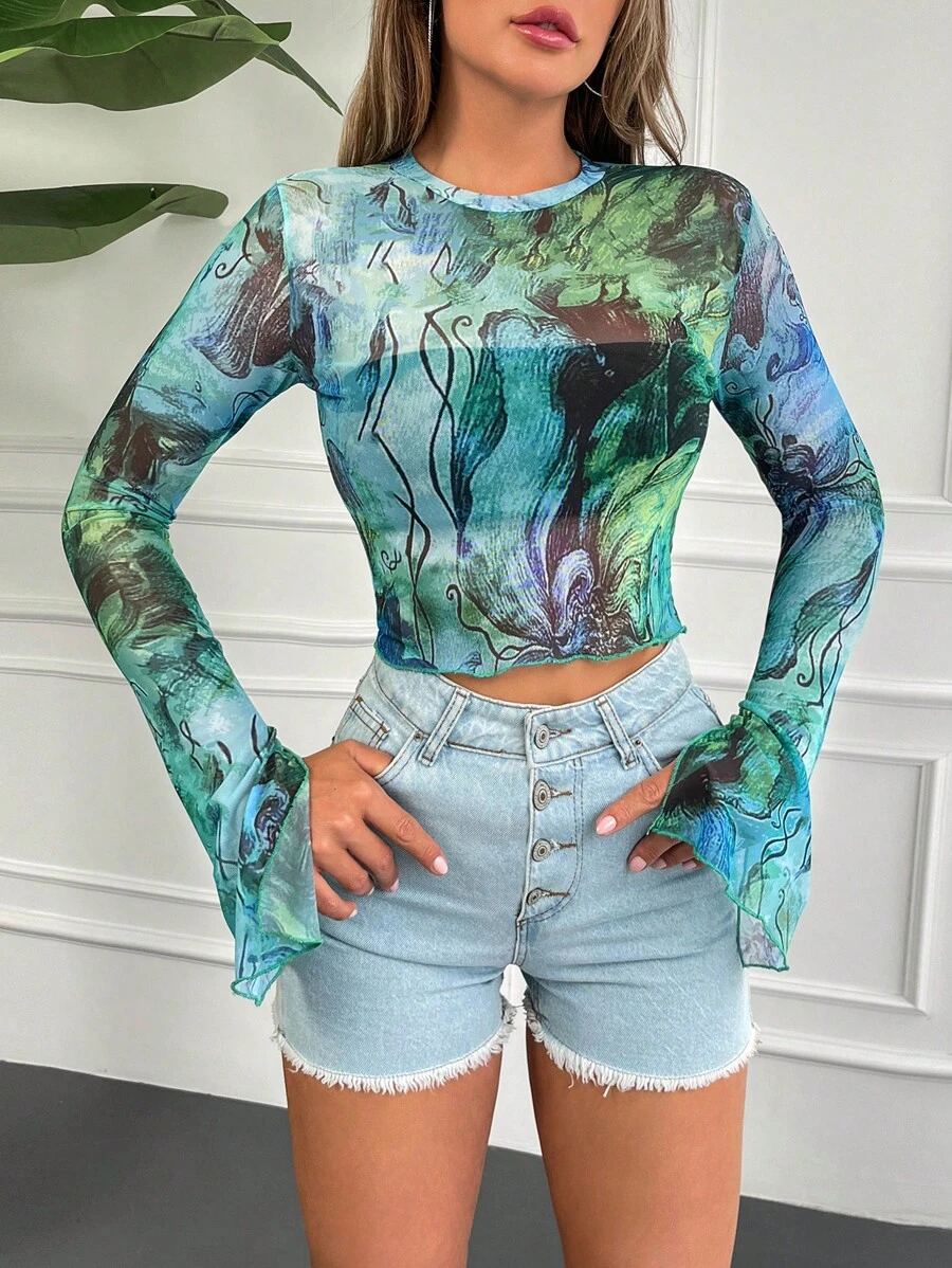 EURMUSE Graphic Print Split Cuff Crop Top - Multicolor - View 1