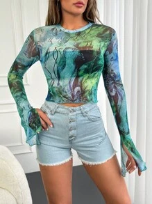 EURMUSE Graphic Print Split Cuff Crop Top - Multicolor - View 3