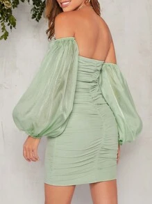 Hauture Off Shoulder Tay áo lồng đèn Đầm - Màu xanh Bạc hà - Xem 2