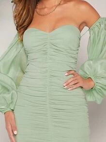 Hauture Off Shoulder Tay áo lồng đèn Đầm - Màu xanh Bạc hà - Xem 3