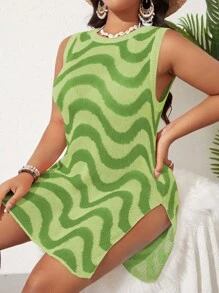 Slaydiva Summer Beach Plus Wave Striped Pattern Split Thigh Cover Up Dress Without Bikini - Lime Green - View 1
