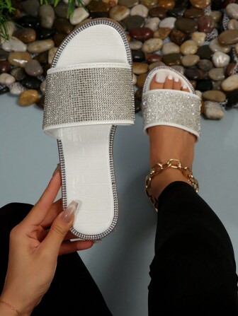 Sandalias planas glamorosas para mujer para exteriores, con decoración de rhinestones, de piel artificial con puntera abierta tipo chanclas para San Valentín