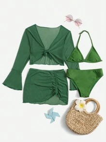 Tween Girl 4packs Solid Bikini Set With Cover Up Top & Skirt Set Summer Beach - Green - View 1