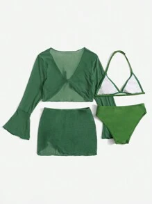 Tween Girl 4packs Solid Bikini Set With Cover Up Top & Skirt Set Summer Beach - Green - View 2
