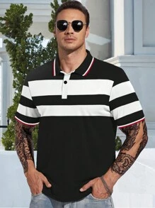 Aesthetic Post Áo thun có cổ Nam Nút Khối Màu Sọc Giải trí - màu đen - Xem 1