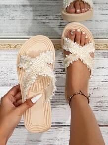女士交叉帶度假夏天拖鞋