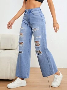 SHEIN Unity Ripped Wide Leg Jeans - Light Wash - View 5
