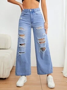 SHEIN Unity Ripped Wide Leg Jeans - Light Wash - View 1