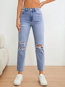 SHEIN Unity Ripped Mom Fit Jeans - Light Wash - View 1