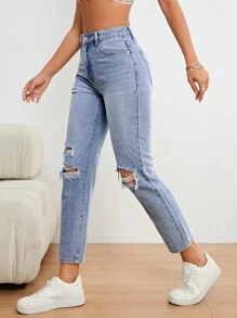 SHEIN Unity Ripped Mom Fit Jeans - Light Wash - View 3