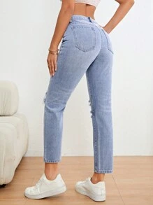 SHEIN Unity Ripped Mom Fit Jeans - Light Wash - View 2