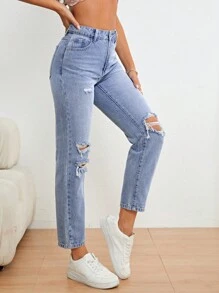 SHEIN Unity Ripped Mom Fit Jeans - Light Wash - View 5