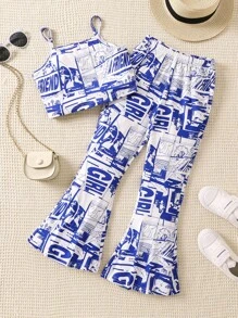 SHEIN 女孩波普藝術圖案吊帶上衣和喇叭褲