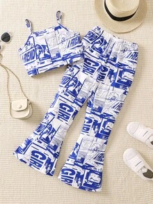 SHEIN 女孩波普藝術圖案吊帶上衣和喇叭褲