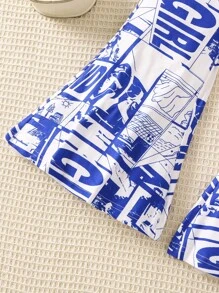 SHEIN 女孩波普藝術圖案吊帶上衣和喇叭褲