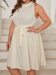 SHEIN Unity Talla grande Vestido unicolor con cinturón de cuello halter - Beis - Ver 5