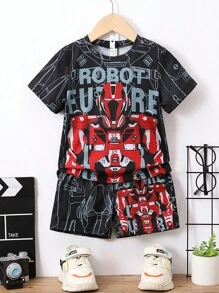 SHEIN Chàng trai trẻ Đen In thư Giải trí Trang phục trên phố Vòng cổ Ngắn tay Top với quần short 2 cái/bộ Cho mùa hè - màu đen - Xem 1