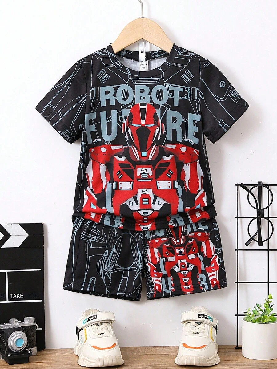 SHEIN Chàng trai trẻ Đen In thư Giải trí Trang phục trên phố Vòng cổ Ngắn tay Top với quần short 2 cái/bộ Cho mùa hè - màu đen - Xem 1