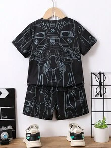 SHEIN Chàng trai trẻ Đen In thư Giải trí Trang phục trên phố Vòng cổ Ngắn tay Top với quần short 2 cái/bộ Cho mùa hè - màu đen - Xem 2