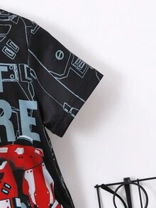 SHEIN Chàng trai trẻ Đen In thư Giải trí Trang phục trên phố Vòng cổ Ngắn tay Top với quần short 2 cái/bộ Cho mùa hè - màu đen - Xem 3