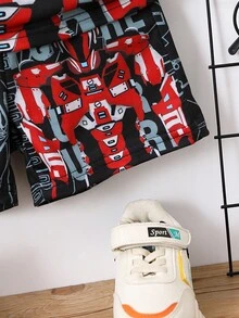 SHEIN Chàng trai trẻ Đen In thư Giải trí Trang phục trên phố Vòng cổ Ngắn tay Top với quần short 2 cái/bộ Cho mùa hè - màu đen - Xem 4