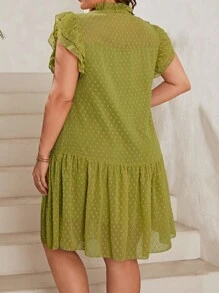 Plus Swiss Dot Tie Neck Ruffle Hem Smock Dress - Green - View 2