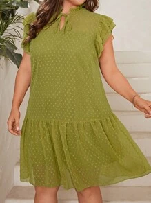 Plus Swiss Dot Tie Neck Ruffle Hem Smock Dress - Green - View 3