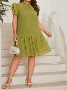 Plus Swiss Dot Tie Neck Ruffle Hem Smock Dress - Green - View 4