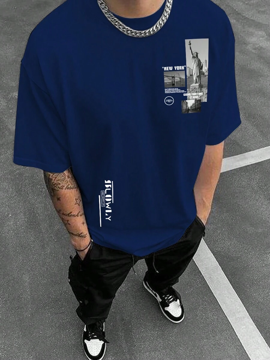 Manfinity Homme 宽松版型男式健身与口号图案 T 恤 - 藏蓝色 - 查看 1