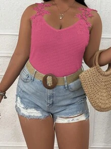 SHEIN Holidaya Áo hai dây Plus Size Tương phản ren màu trơn Giải trí - Màu Hồng Tươi - Xem 3