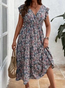 SHEIN Holidaya Plus Ditsy Floral Print Ruffle Trim Dress Without Belt - Black - View 3