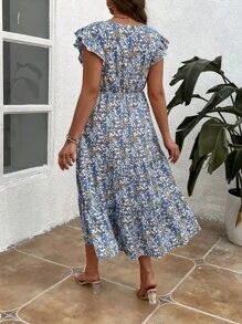 SHEIN Holidaya Plus Ditsy Floral Print Ruffle Trim Dress Without Belt - Blue - View 2