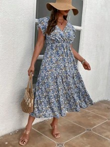 SHEIN Holidaya Plus Ditsy Floral Print Ruffle Trim Dress Without Belt - Blue - View 3