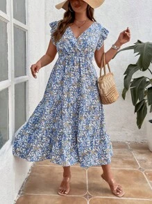 SHEIN Holidaya Plus Ditsy Floral Print Ruffle Trim Dress Without Belt - Blue - View 5