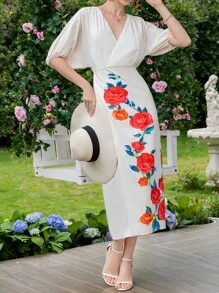 SHEIN Clasi 印花蝙蝠袖圍裹式洋裝 - 彩色 - 查看 4