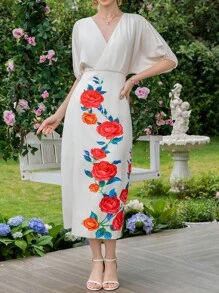 SHEIN Clasi 印花蝙蝠袖圍裹式洋裝 - 彩色 - 查看 3