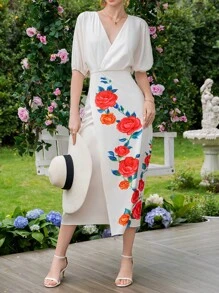 SHEIN Clasi 印花蝙蝠袖圍裹式洋裝 - 彩色 - 查看 1