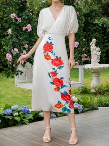 SHEIN Clasi 印花蝙蝠袖圍裹式洋裝 - 彩色 - 查看 5