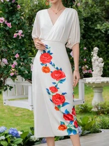 SHEIN Clasi 印花蝙蝠袖圍裹式洋裝 - 彩色 - 查看 6