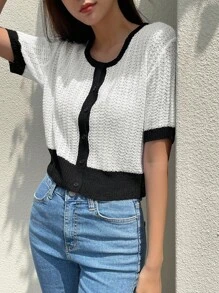 DAZY 拼接邊前紐扣T恤 - 黑與白 - 查看 5