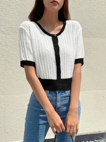 DAZY 拼接邊前紐扣T恤 - 黑與白 - 查看 6