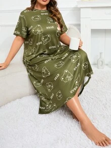Plus Cartoon & Letter Graphic Nightdress - Army Green - View 1