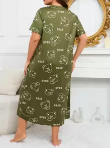 Plus Cartoon & Letter Graphic Nightdress - Army Green - View 2