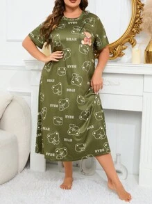 Plus Cartoon & Letter Graphic Nightdress - Army Green - View 3