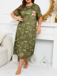 Plus Cartoon & Letter Graphic Nightdress - Army Green - View 4