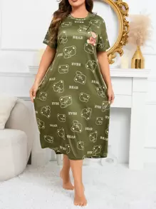 Plus Cartoon & Letter Graphic Nightdress - Army Green - View 5
